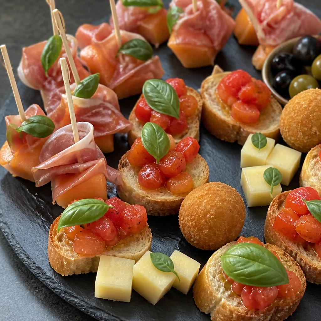 Finger food d'autore disposti su ardesia